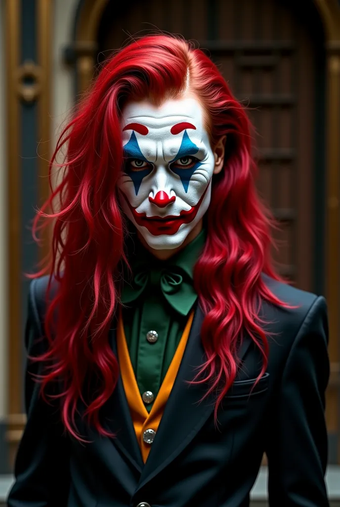 joker , red wavy long hair  Seriously, chic, wearing suit, aristocratic, silver elements, coiffure, hair up, braid and loose, messy, haughty, absurdists, detailed suit, royaltly, celebration, salon decorated with black and red flowers,  with cybernetic enh...