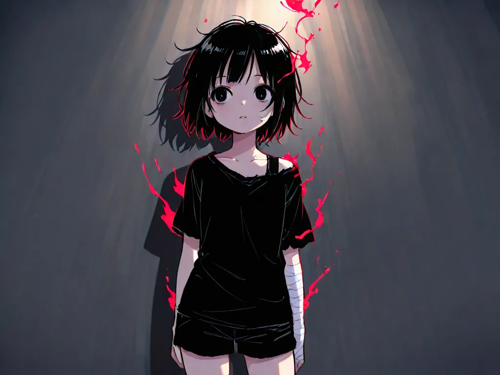 female, short, shoulder-length black hair, messy hair, black eyes, red aura, black shirt, bandages, black shorts, anime style, young,