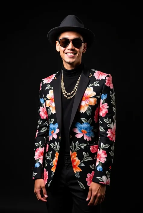 A young man, likely in his late s or early twenties, of Latin American or Hispanic ethnicity, is the central subject. He is positioned slightly off-center to the left of the image.  He is wearing a black, floral-patterned blazer, with vibrant pink, orange,...