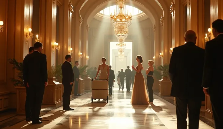 A hyper-realistic cinematic image of a grand luxury hotel lobby with polished marble floors, golden chandeliers, and elegant furniture. In the corner, a humble cleaning lady wearing a simple uniform pushes a cleaning cart. She is completely ignored by weal...