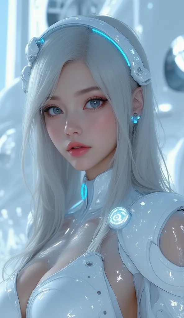 Close up photography, Far future, the woman warrior in a future city,grey long thick hair with futuristic wearable headband gadgets, wear future techno transparent clothing with glowing blue and pure white element, with pure white shinny architecture, unus...