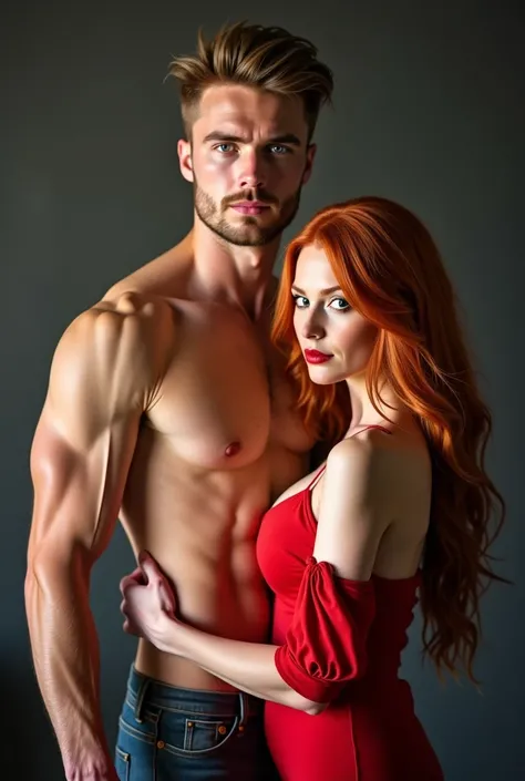 Tall American man with very short light brown hair, Strong and defined body, and blue eyes. A young, red-haired woman with long hair,  wearing a red dress , with V-shaped breasts.  and long hair . 

Capa de livro darkromance 