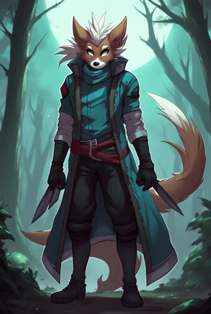 male assassin, Flareon fusion with a arcanine, furry art, Anthro Style, Cowl, twin dagger in there hand griping in a striking pose ready to attack, with a smile evil grin, flow of hair that flows in the wind, Moonlit night , fog , 