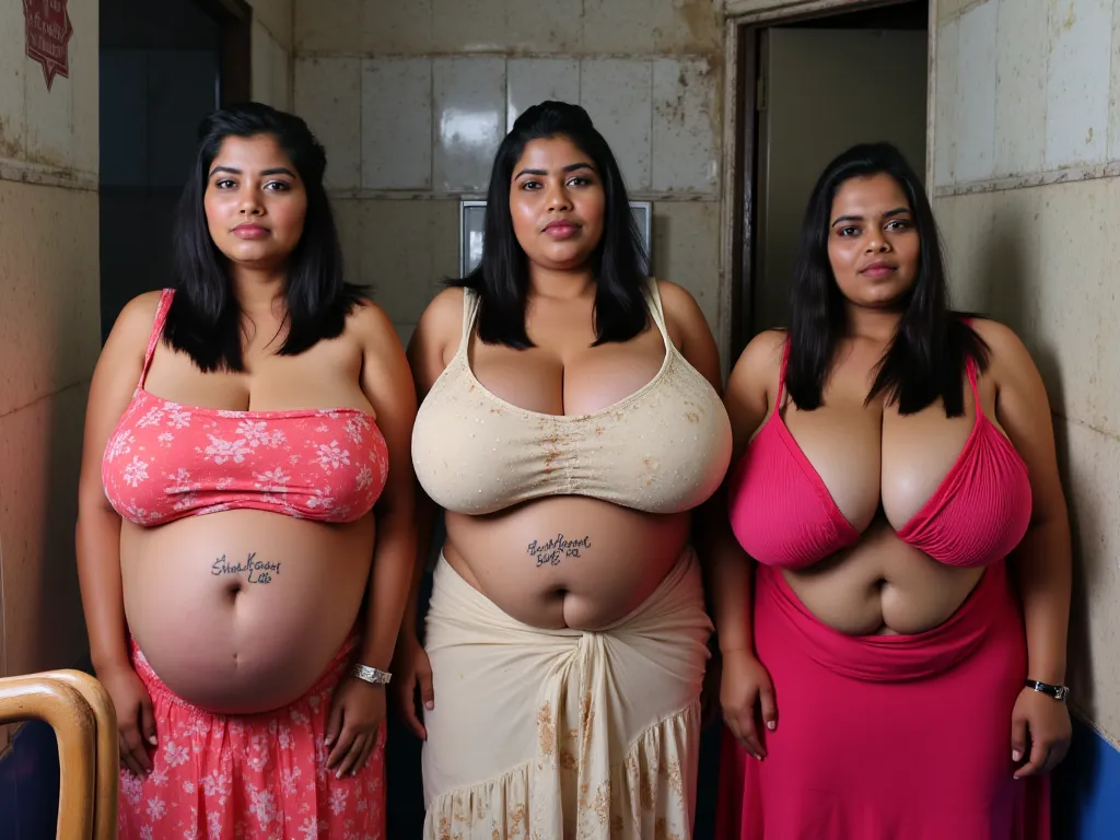 Front view. Three extremely obese ssbbw young indian women in an old bathroom, black straight hair, very beautiful faces. 
- They are side by side - They are all very extremely fat - ((heavily 15 months pregnant belly with twins)), deep navel - They are al...