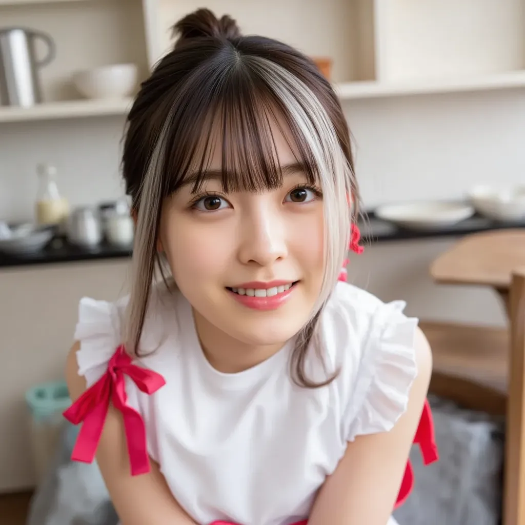 Silky smooth hair、Three hair colors: white blond hair, black hair, and red hair、Flush the bangs、 hairstyle is straight、Long hair up to chest、From a distance、ponytail、maid clothes、 maid cafe 、 Excited