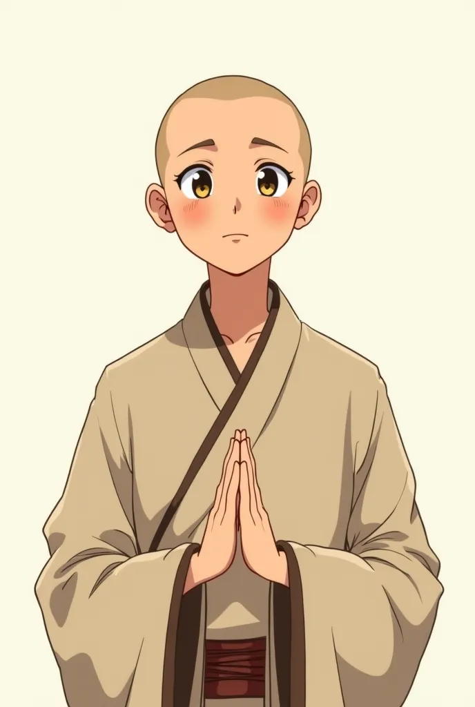 Portray a young Zen monk from the Japanese SotoSu school in anime style. . He has a serene and contemplative appearance, with soft lines and expressive eyes that convey inner peace.  His hair is short and slightly messy , typical of a monk in training. Dre...