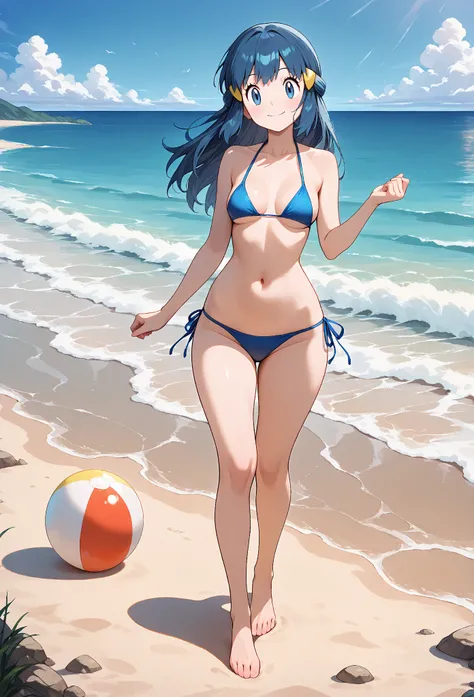 high resolution picture, masterpiece, best quality, amazing quality, 1girl, Dawn (Hikari) from pokemon, 1girl, aadawn, long hair, blue hair, blue eyes, , small breasts,                    BREAK (curvy), ,woman in a bikini, nude, outdoors, day,  full body, ...