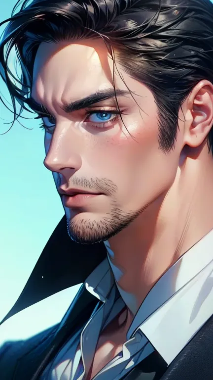 (    best quality,4K,8k,     highres,    masterpiece :1.2),    ultra-detailed    ,(Realistic,photoRealistic,photo-Realistic:1.37),36-year-old man,3 day beard,Beautiful anime,Portraits,strong,masculine,      with black hair  ,sharp jaw,         mesmerizing ...