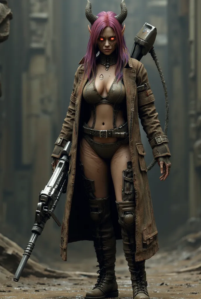 Sucubus with a rough body, long old and worn open trench coat, eye biónico, developed breasts, rainbow-colored hair, architectural arm, military boots, thin chin, sunken cheekbones,  headband, futuristic light rifle