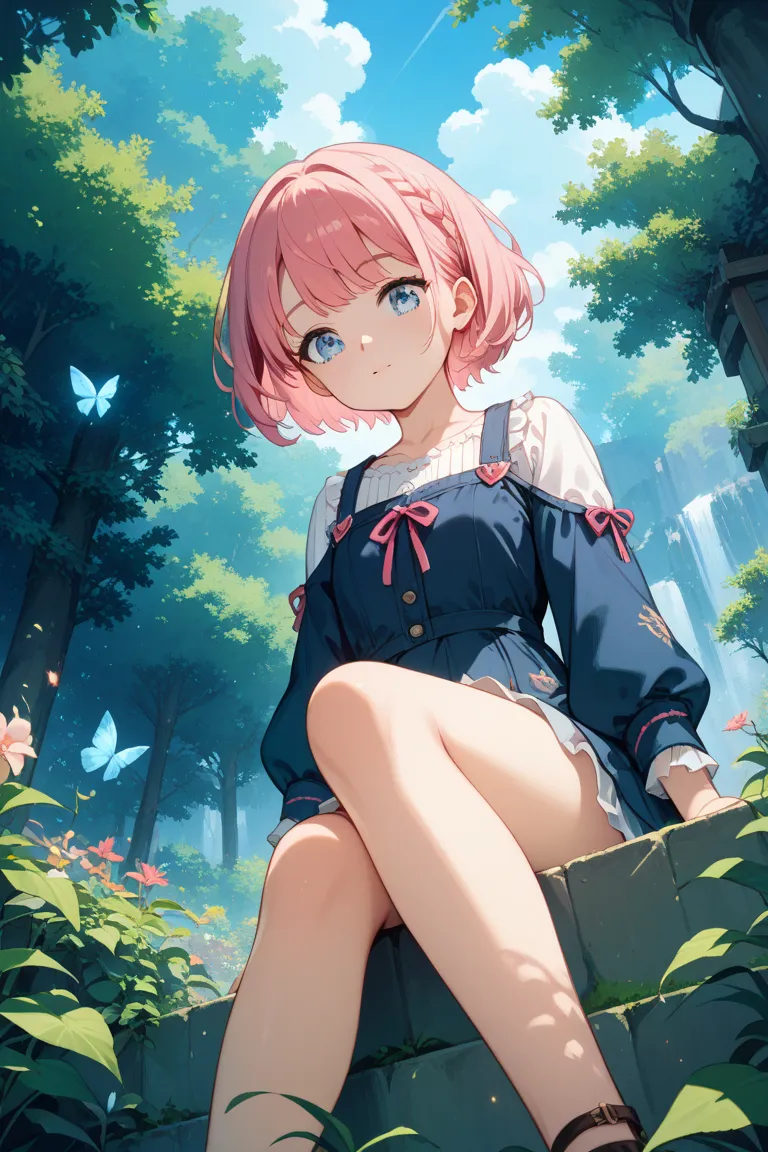 1 girl、pink hair、Short Hair、 Beast Man、pale light blue eyes from under the rubber、 look down、is sitting、cute、Outdoors、 from below、masterpiece、Highest quality