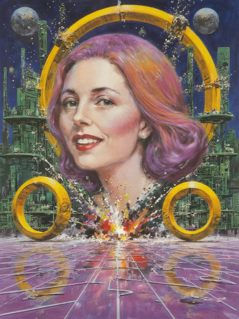 Pure ecstasy themed artwork featuring a beautiful of a smooth gradient golden to purple hair single beauty woman, relief expression with an amazing smile, [3/4 side face view of head face in first plan of her, and a background of two gigantic rings rolling...