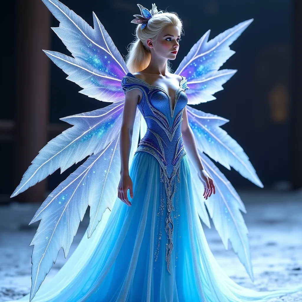 A woman with a majesty appearance Estestosa wears a long shimmering dress in shades of blue Ice and white snow. The fabric seems to be made of crystalline water, flowing smoothly as it moves. Small shiny details, similar to ice crystals, adorn the costume,...