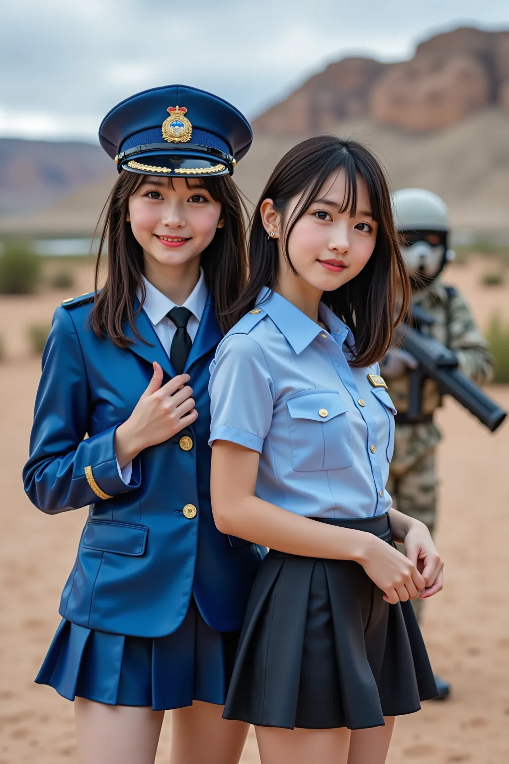 A cute, smiling young woman in a police uniform poses in a desert landscape, captured in a soft, high-resolution portrait style reminiscent of Japanese kawaii aesthetics.  A young woman with shoulder-length brown hair and light skin, wearing a bright blue,...