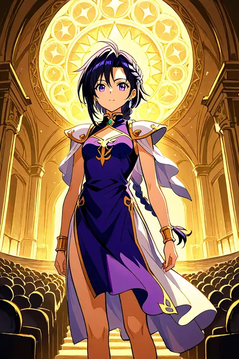 Phantasia, indigo-black hair with silver streaks, laurel braid, sapphire and prismatic eyes, dark-blue chiton, gold embroidery, Athenian amphitheater, spectral audience, visual novel,Hoyoearth