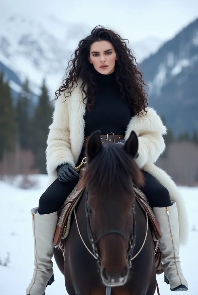 Beautiful sexy light skin african american female at the age of 23,light brown eyes ,long curly to straight hair, sexy body (big boobs and butt) sexy waist figure, wearing black full bodysuit, white fur boots, white fur jacket, sitting on a black horse,sno...