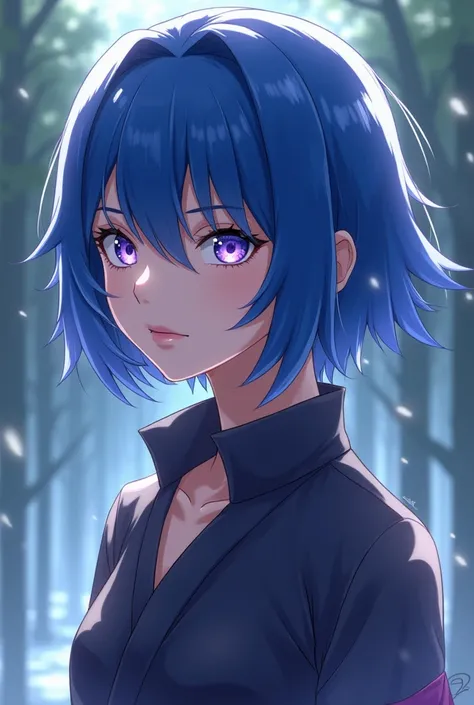 Naruto style girl with short royal blue hair, Lilac eyes without pupil, cuerpo completo 