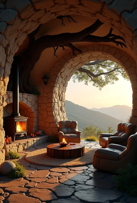 Ultra-detailed, photorealistic image of a **cozy underground living room** carved into the rock beneath an ancient oak tree. The rounded ceiling is **woven with intertwined roots**, creating a natural embrace. A **black cast-iron stove** emanates a warm gl...