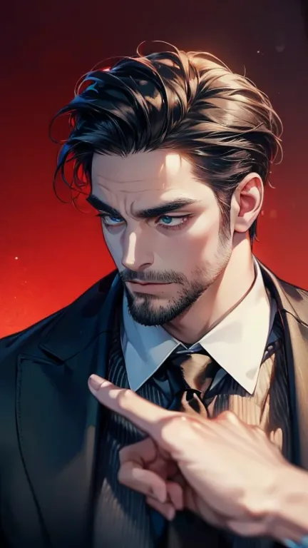 (    best quality,4K,8k,     highres,    masterpiece :1.2),    ultra-detailed    ,(Realistic,photoRealistic,photo-Realistic:1.37),36-year-old man,3 day beard,Beautiful anime,Portraits,strong,masculine,      with black hair  ,sharp jaw,         mesmerizing ...