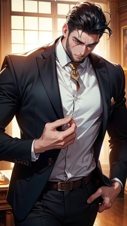 (    best quality,4K,8k,     highres,    masterpiece :1.2),    ultra-detailed    ,(Realistic,photoRealistic,photo-Realistic:1.37),36-year-old man,3 day beard,Beautiful anime,Portraits,strong,masculine,      with black hair  ,sharp jaw,         mesmerizing ...