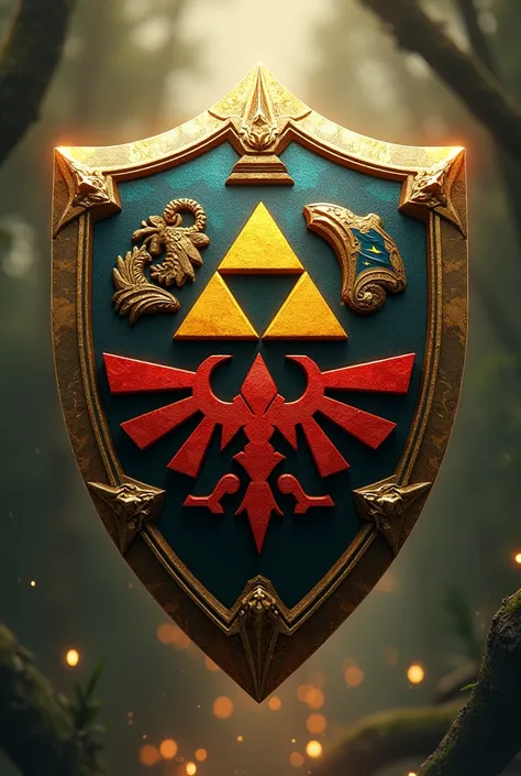 Create an image using Zelda's triforce shield but with the flags of Peru, Bolivia and Chile on each of the corners 