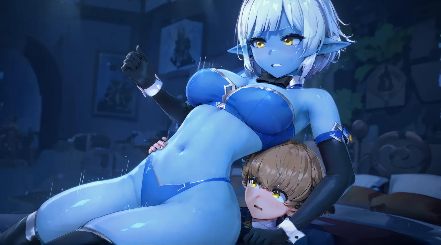 Anna Anon Artist Style, 3d, blue goblin lady, curvy figure, perfect body, short white hair, yellow eyes, a younger boy under her, blue goblin lady riding small younger male, sex, hentai, Anna Anon Artist Style, source_anime, sexy, Shota, clothed, implied s...