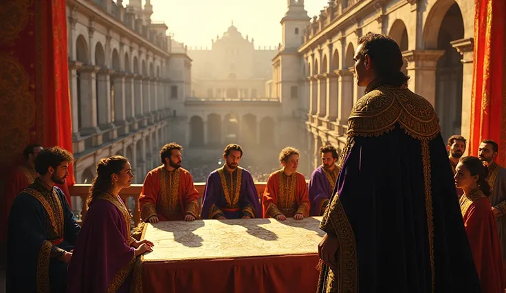 *"A hyper-realistic, cinematic scene set in 1561, depicting the pivotal moment when King Philip II established the Spanish court in Madrid, symbolizing the centralization of power in his reign. The grandiose palace of Madrid stands in the background, with ...