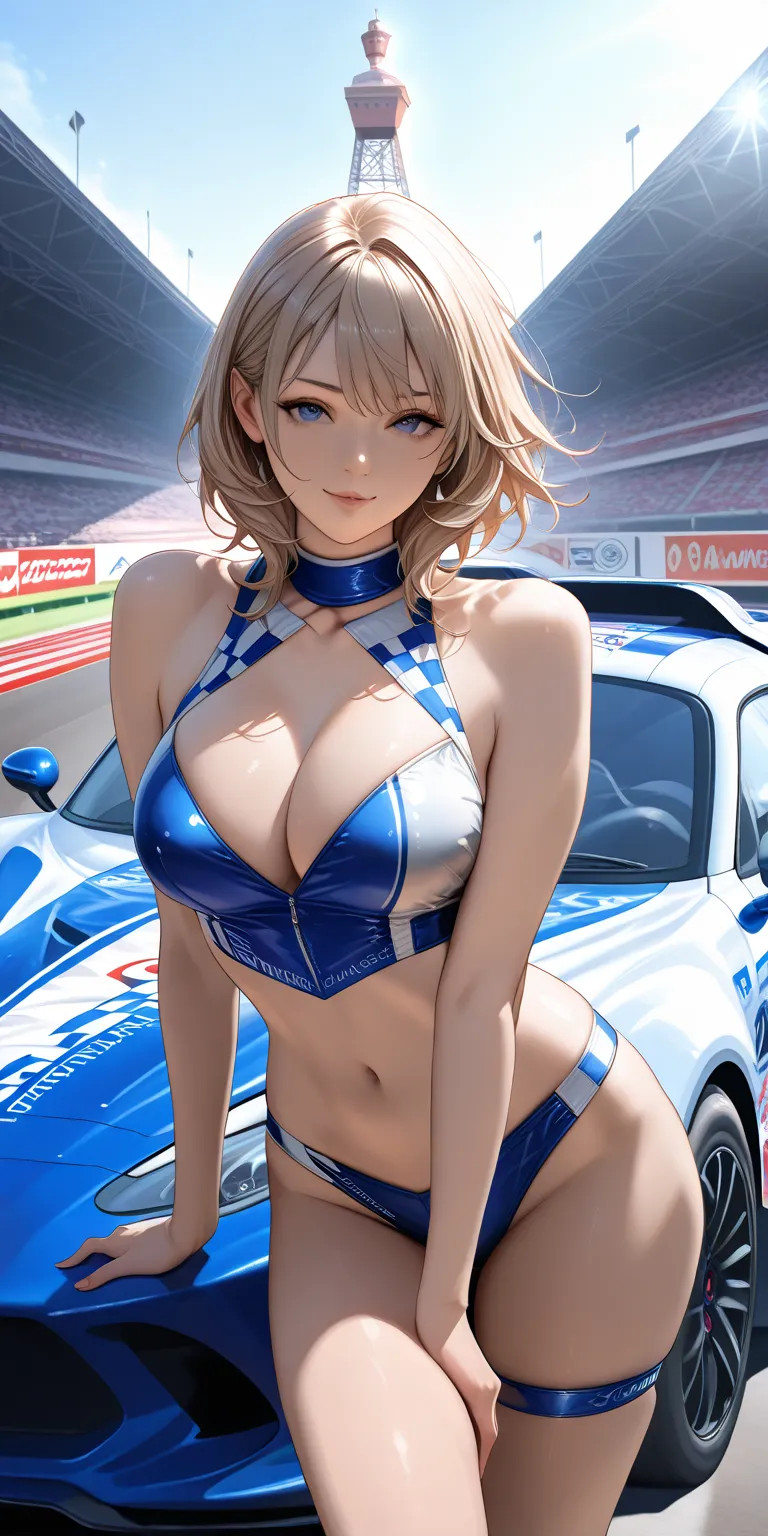 A race queen who wraps a checkered flag around her body and、attends the award ceremony at the racetrack、bestquality,4K,Ultra detailed depiction , real ,Photorealistic,HDR,UHD,studio lighting,Perfect colors,Delicate Textures,Powerful Poses,Seductive Express...