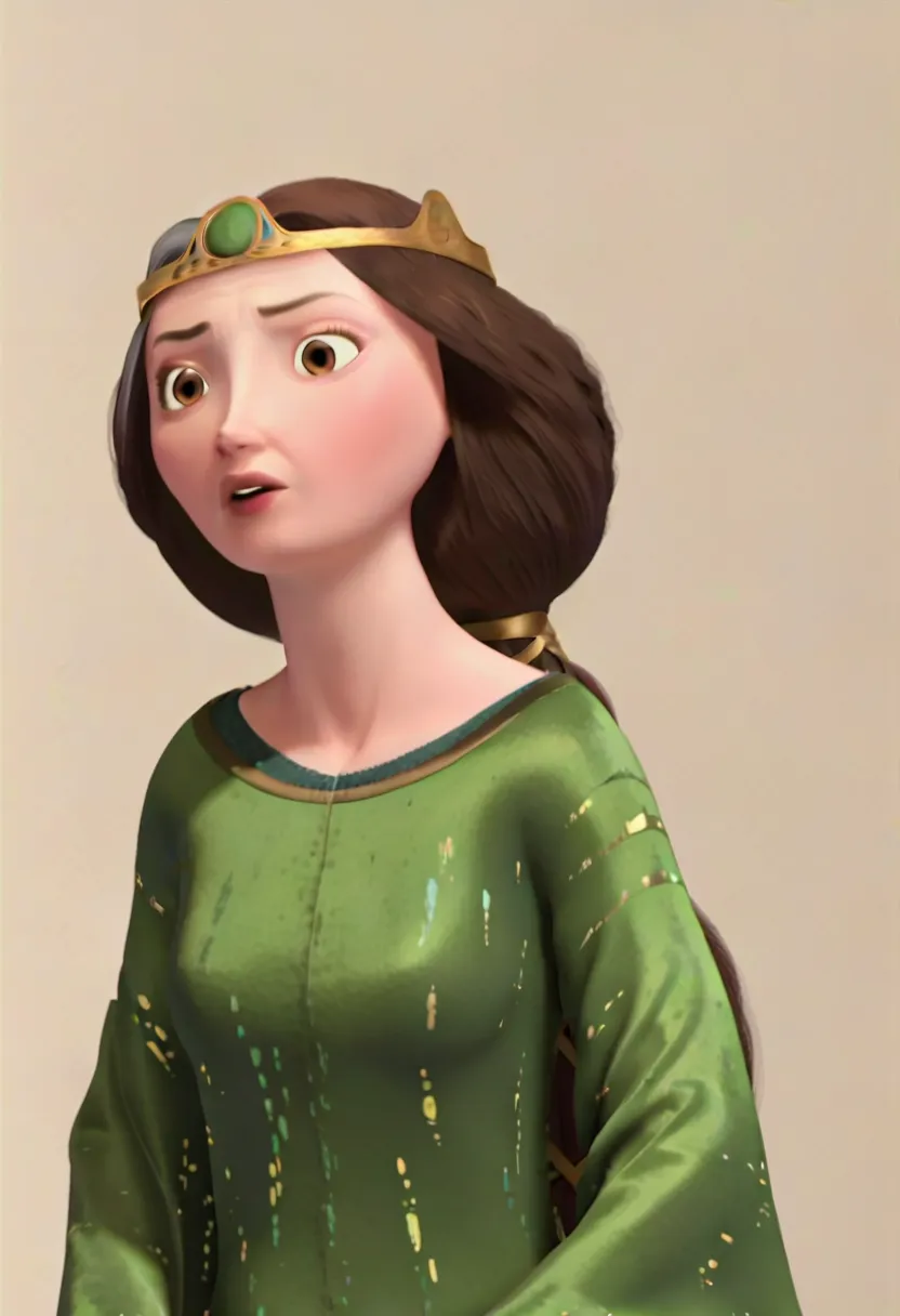 QueenElinor, 3D, solo, female, Pixar, Disney, human, slender figure, fair skin, brown eyes, and very long, brown hair, gray streak runs through the right side of her hair, full body, screencap, screenshot, green tapestry with brown trim, long loose hair, l...