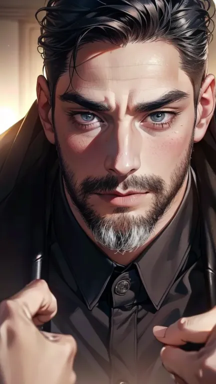 (    best quality,4K,8k,     highres,    masterpiece :1.2),    ultra-detailed    ,(Realistic,photoRealistic,photo-Realistic:1.37),36-year-old man,3 day beard,Beautiful anime,Portraits,strong,masculine,      with black hair  ,sharp jaw,         mesmerizing ...