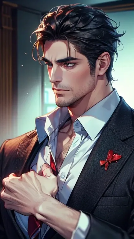 (    best quality,4K,8k,     highres,    masterpiece :1.2),    ultra-detailed    ,(Realistic,photoRealistic,photo-Realistic:1.37),36-year-old man,3 day beard,Beautiful anime,Portraits,strong,masculine,      with black hair  ,sharp jaw,         mesmerizing ...