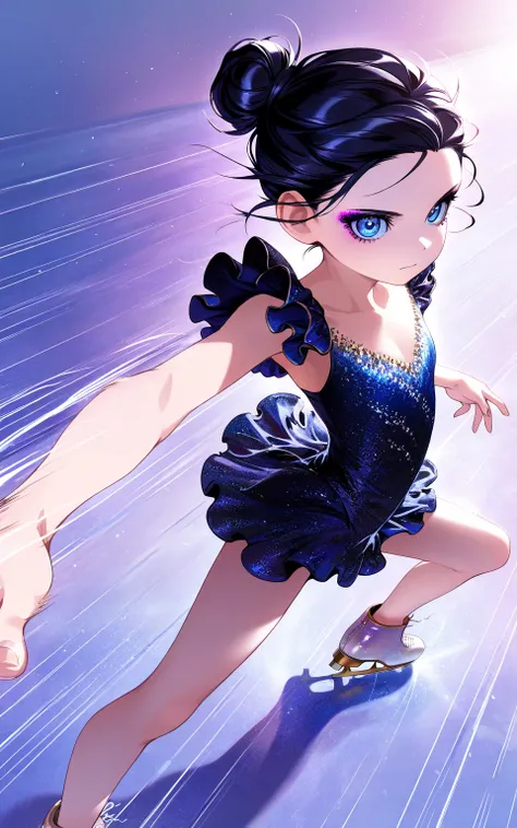 (sfw:1.5), makeup gyaru, cool beauty, solo loli girl ,glitter black costume, figure_skating, skill, black hair, blue eyes, single hair bun, slender, small breast, serious, happy, motion lines, perspective, from side