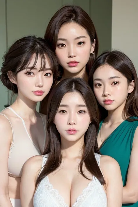 ( Aquatics:1.3),Brown Haired 36YO Korean Beauty Actress Mother with 3 Small Breasts,  Brown Eyed Blonde 16yo 13yo Japanese Women 2 , 1 Korean 10YO Idol Daughter with Dark Brown Hair and Green Eyes,(high definition), (((superfinedetail))),