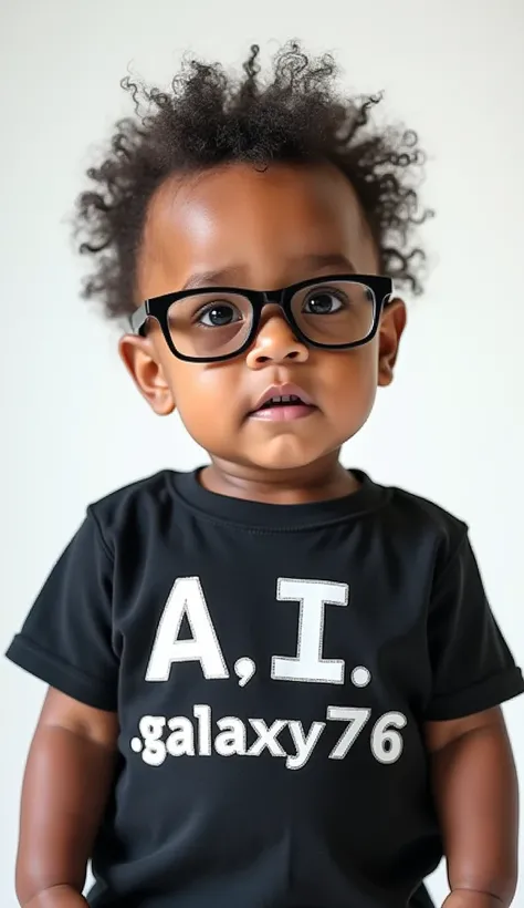 A baby wearing hip hop clothes and black glasses wearing a t-shirt writing on it ai.galaxy76