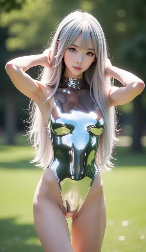 ((full body)), (( silver haired woman)), Long, shiny silver hair ,  natural wave hair , bangs, (Highest quality:1.2), RAW photo, high definition, perfect detail, Professional Photo, professional lighting, ((Extremely shiny chrome plating 、 high-leg sleevel...