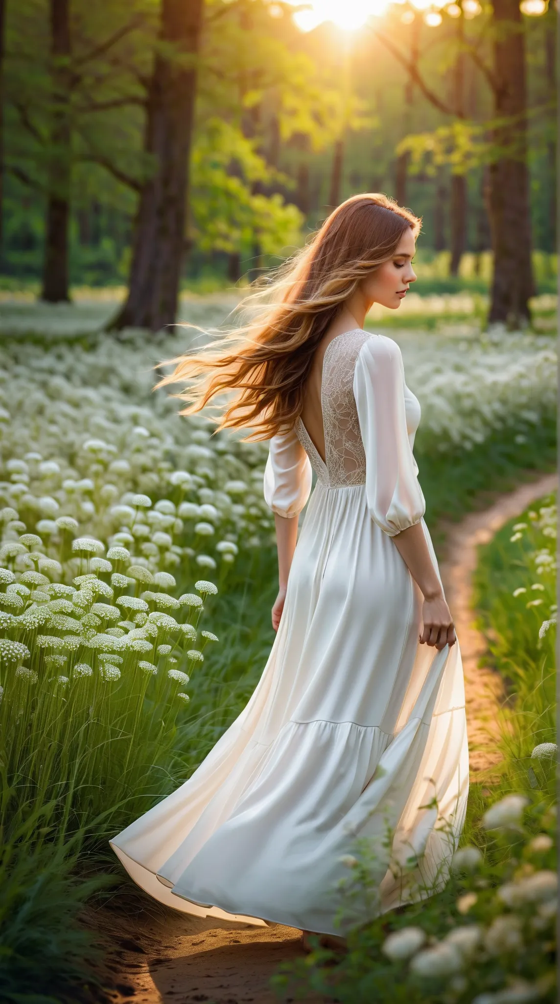 } A young girl in an airy white dress walks across a blooming field. On one side it is surrounded by a spring forest with gentle greenery, on the other hand, a winding, stream reflecting soft sunlight. A light breeze shakes the hem of her dress and hair, c...