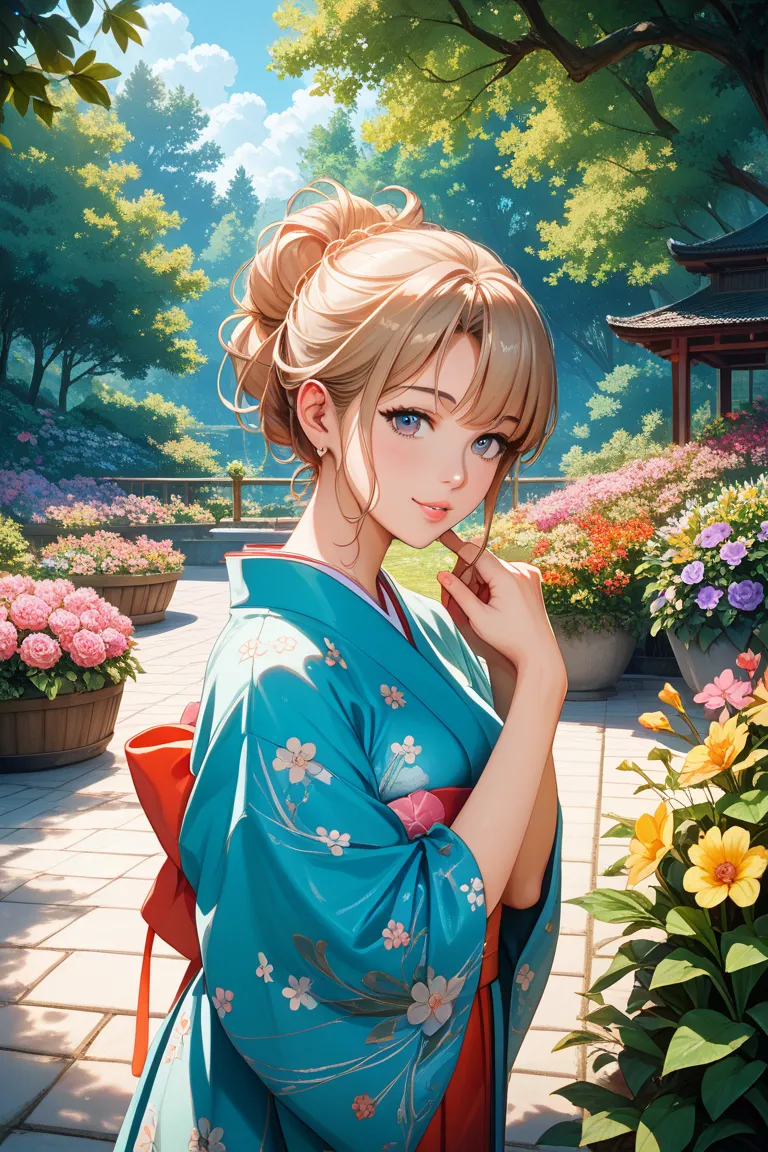 Japanese woman wearing a kimono and decorating her head with flowers,  beautiful digital art standing under a star work,   Sunbathing Flower Garden ,   Beautiful Digital Painting  , Beautiful Digital Paintings, Gweiz-style Artwork, realistic anime girl ren...