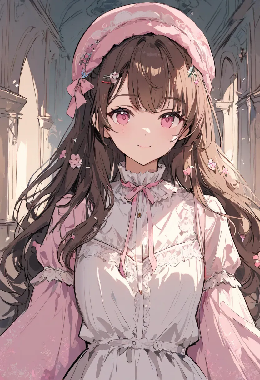 1girl, medium height, long hair, brown hair, loose hair, bangs gathered with hairpins, blouse in pink pastel shades, white sundress, pastel pink beret, bright, beautiful, sexual, smile, Victorian era, novel style, look at viewer, hallway of mansion is back...