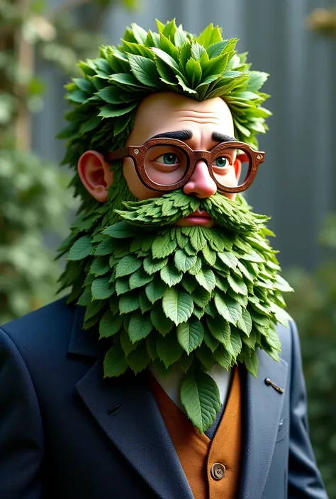 Make man with leaves beard, and wooden glasses that wearing a suit.