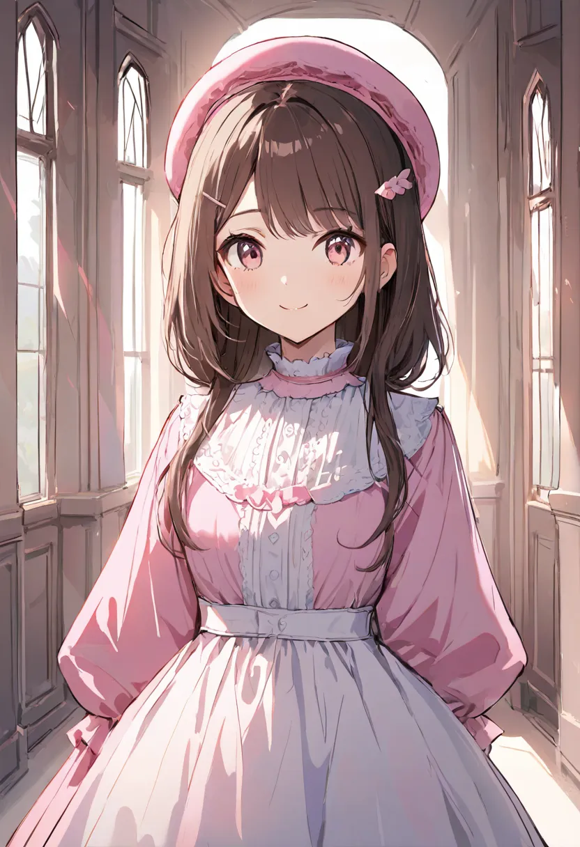 1girl, medium height, long hair, brown hair, loose hair, bangs gathered with hairpins, blouse in pink pastel shades, white sundress, pastel pink beret, bright, beautiful, sexual, smile, Victorian era, novel style, look at viewer, hallway of mansion is back...