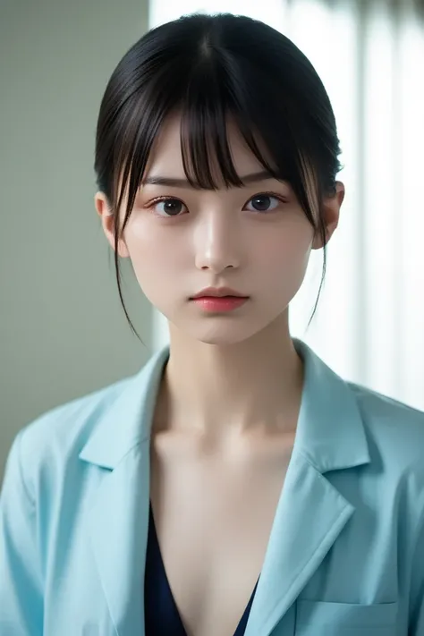 short hair, flat chest, shiny skin, black hair, black eyes, bangs, RAW photo, best quality, masterpiece, realistic, indoors, 
BLEAK,
doctor, 1girl, arms behind back, standing, (full body shot:1.2)