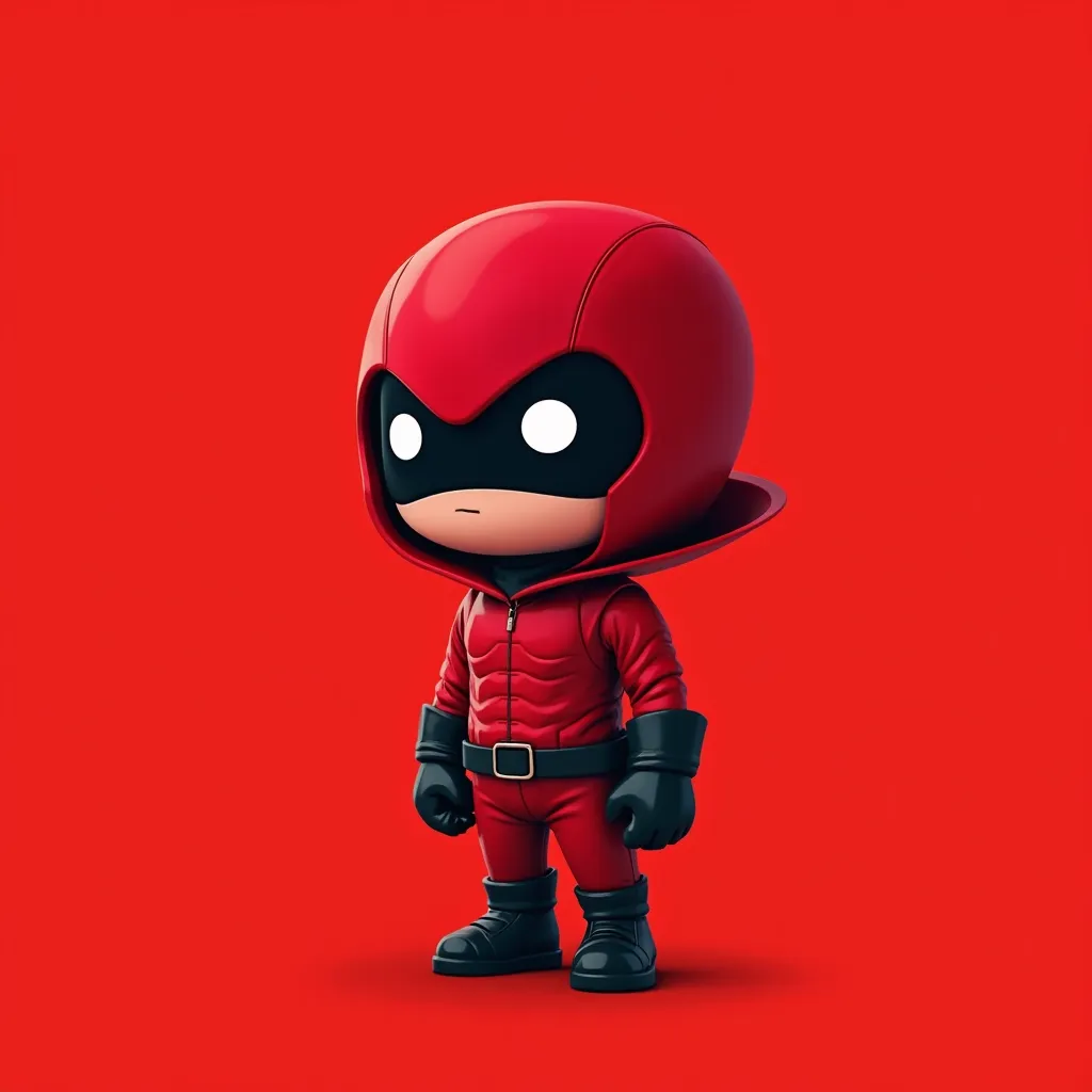 Red Hood chibi character with a red suit and black gloves, white eyes, in a red background