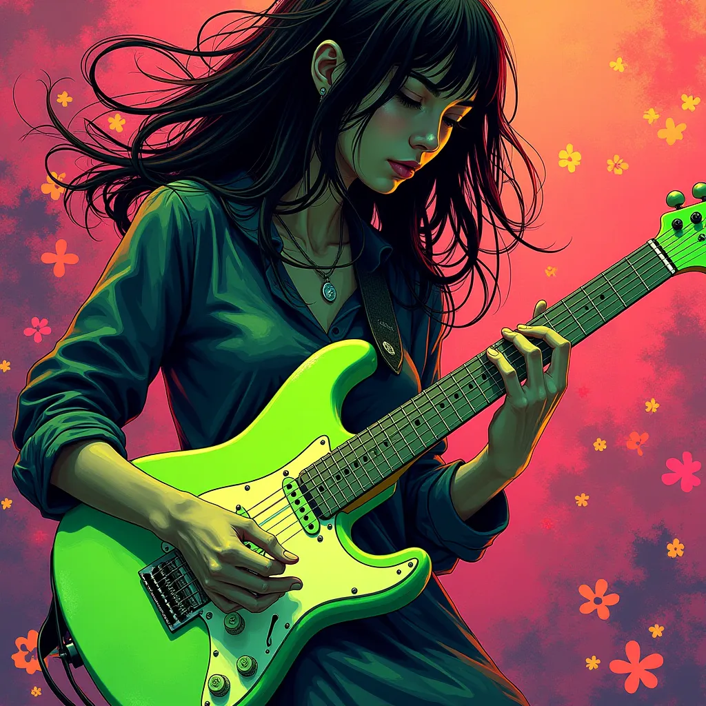 Straight-haired girl playing her green guitar with a bold maximalism tendency 