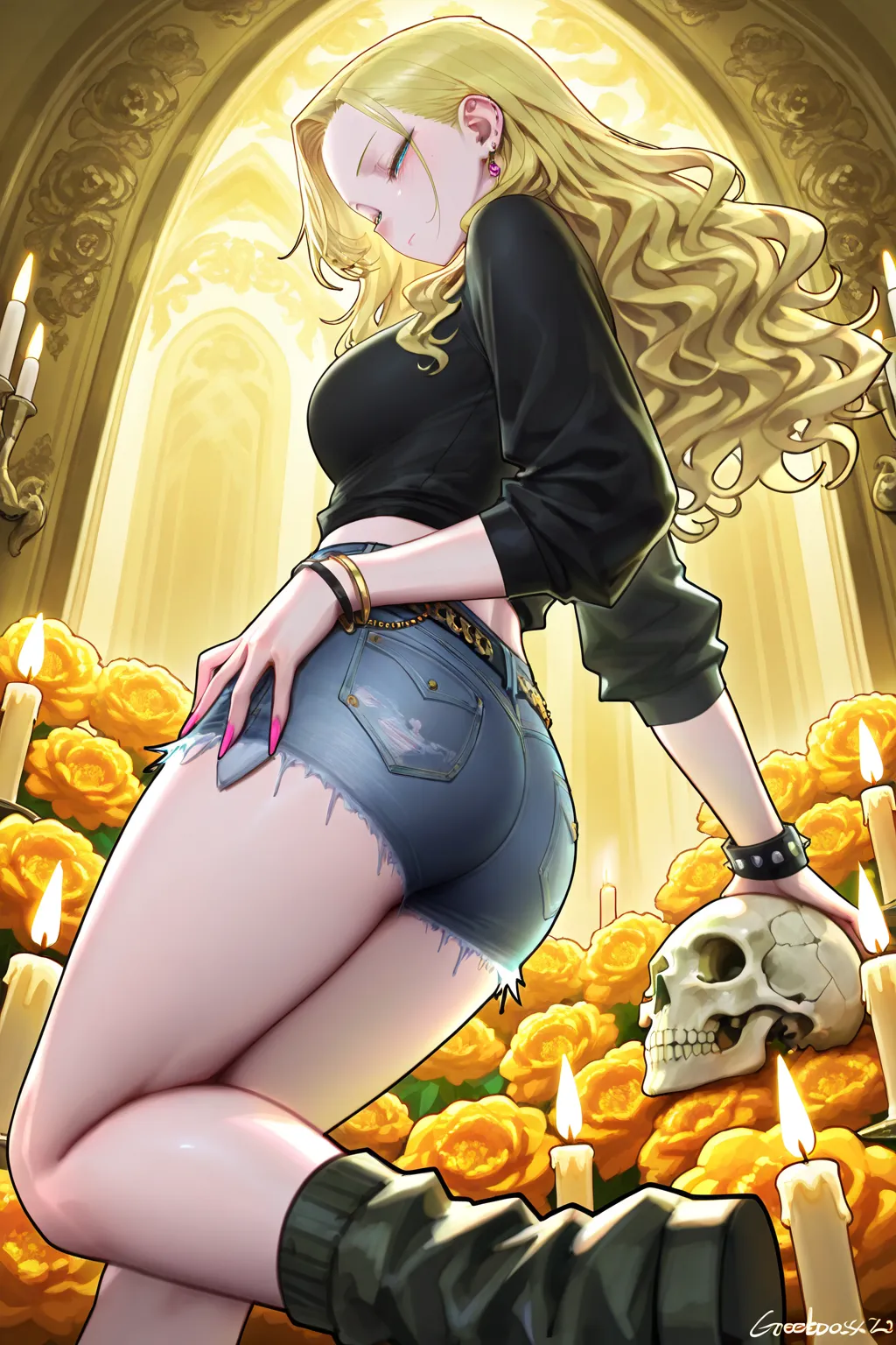 gyaru,  cool beauty face, blonde hair, wavy hair, gorgeous body, half-closed eyes, pose, marigold, casual style, feet out of frame, background skull, candle, light skin, perspective, from side,