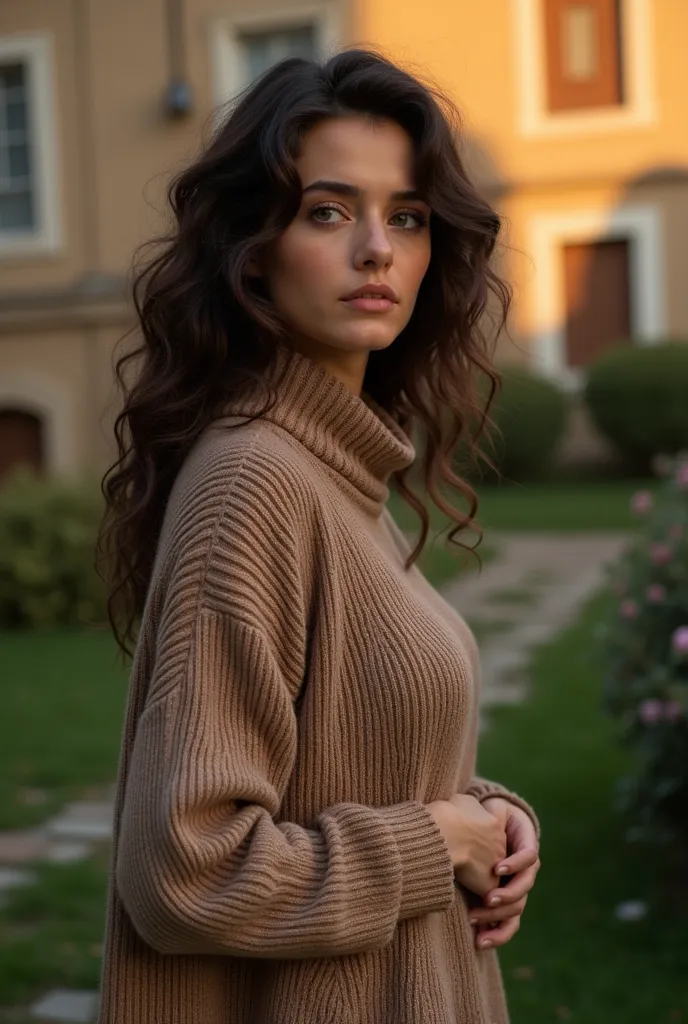 "A highly realistic 24-year-old Kurdish-Turkish woman with deep hazel-green eyes and voluminous curly dark brown hair. She has warm olive-toned skin with a natural glow, cute round face shape, and full lips. She is standing in her garden , holding her wais...