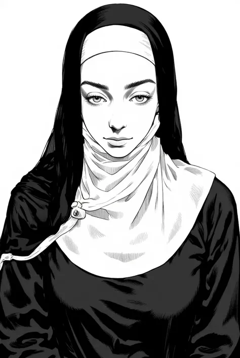 A Nun she is in front, with a serene look ,( black and white manga art style)