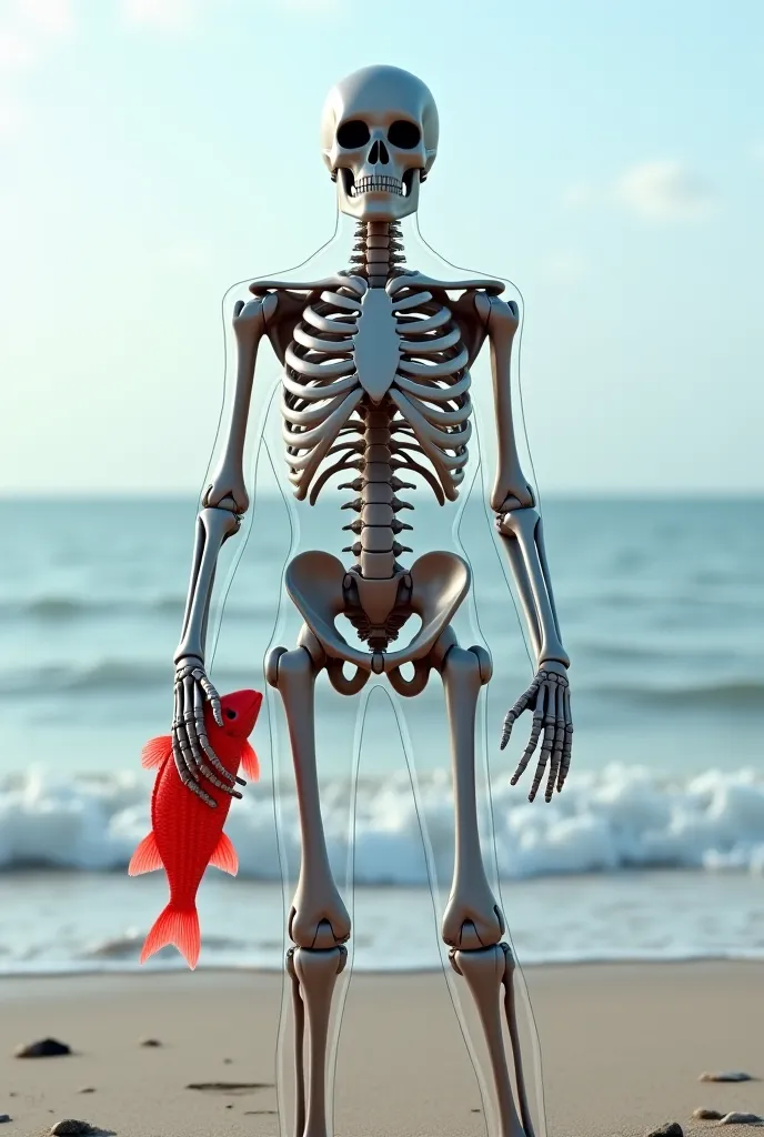 Spider-Man standing on the shore, entirely skeletal, holding a red fish, in 3D with vibrant colors.
