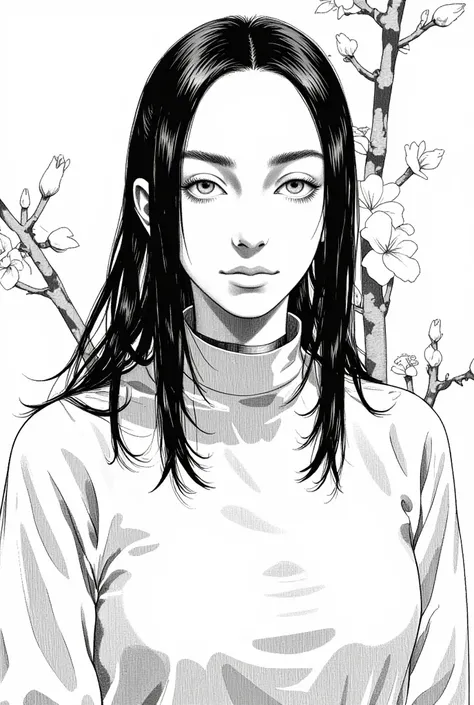 A Nun she is in front, with a serene look ,( black and white manga art style)