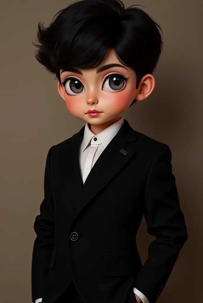 Cute handsome boy, Height 110 cm, thick black hair, slightly curly , Eyes Dark gray sharp, Small dimples , black suit