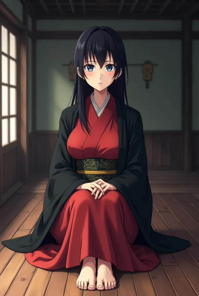 (((A traditional mother 40 years old))) with a kimono, black hair and blue eyes, motherly apparence, (((adult woman figure))), sitted on wooden floor, anime adult seine style, dark animation, semi closed eyes, tall, gigantic boobs, dirtier feets, mature fa...