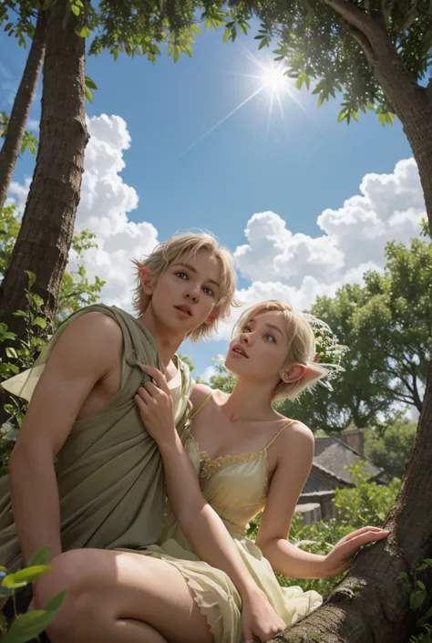 A highly detailed cinematic photo  realistic macro portrait macro of a  male elf and a fairy reclining propped up on their elbows in dappled sunlight under a leafy tree looking up into the sky at fluffy white cumulous clouds in a blue sky. The elf is point...